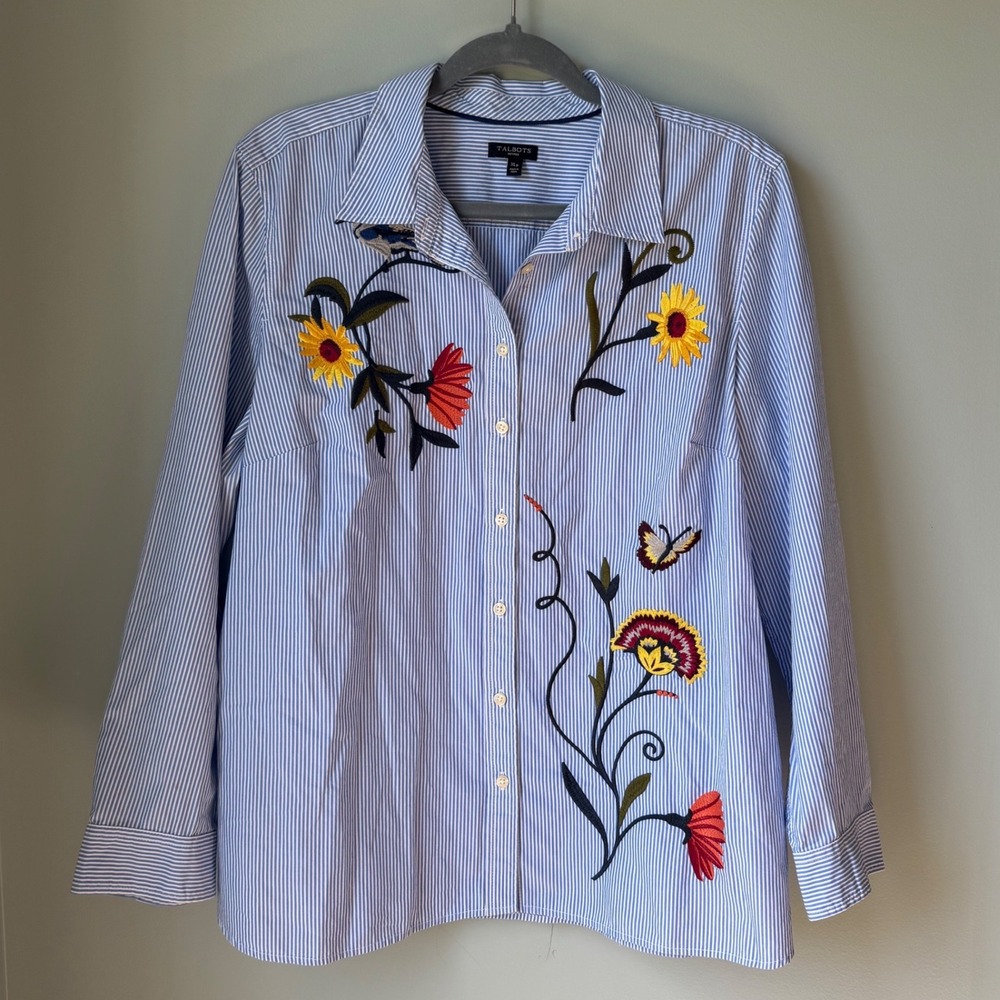 Talbots Button Down Shirt 100% Cotton Blue White Striped Floral Embroidered XLP